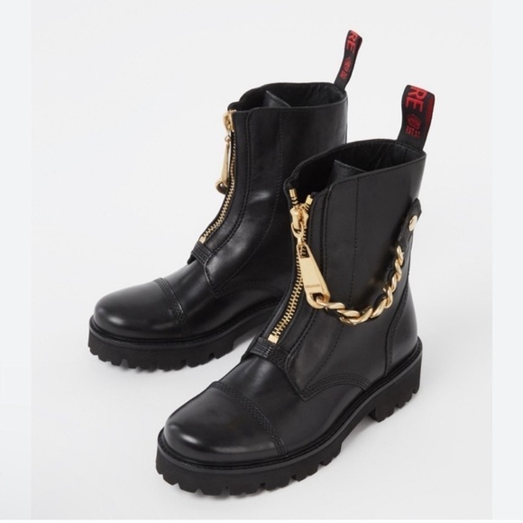 Zadig & Voltaire Joe Cecilia leather combat moto boots with gold chain NWT 37/6 - Picture 1 of 17